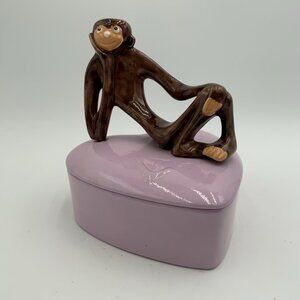Vintage Handmade Pink Heart Shaped Trinket Box with Chimpanzee on Top